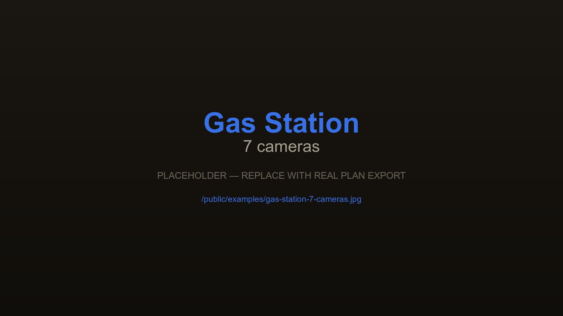 Videoüberwachungsanlage an einer Tankstelle mit 7 Kameras an den Zapfsäulen, im Shop und in der Waschanlage, entworfen mit CCTVplanner