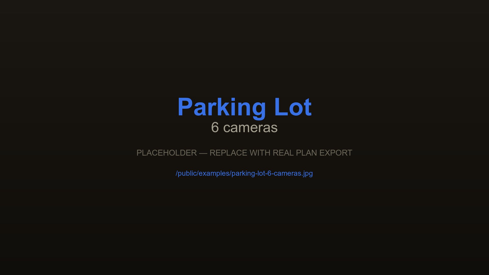 Parkplatz-Videoüberwachungsplan mit 6 Kameras zur Überwachung der Einfahrtsschranke, Fahrspuren und Parkbuchten, erstellt mit CCTVplanner