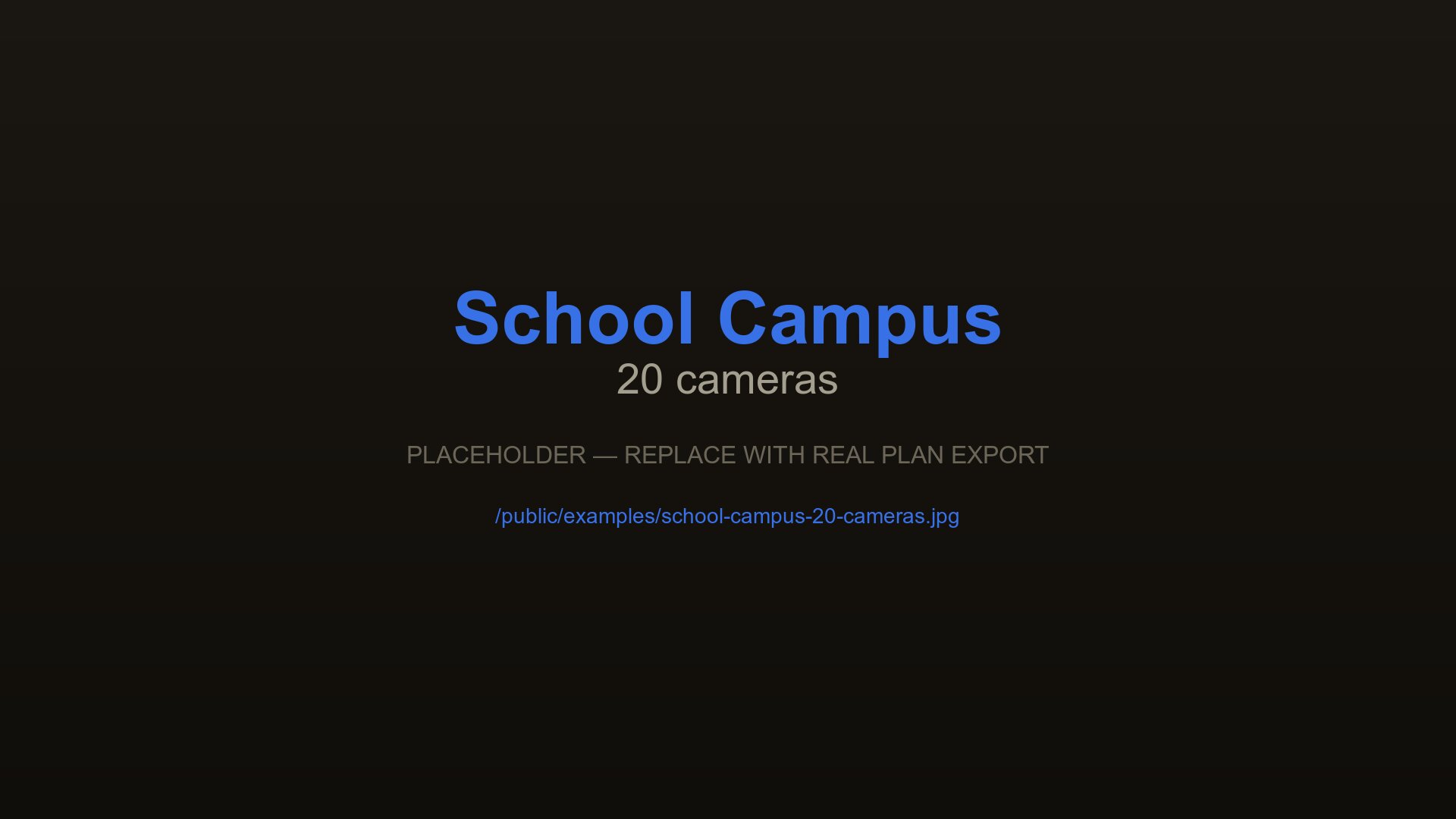 Videoüberwachungsplan für das Schulgelände mit 20 Kameras zur Abdeckung von Haupteingang, Außenzaun, Fluren, Cafeteria und Spielplätzen, erstellt mit CCTVplanner