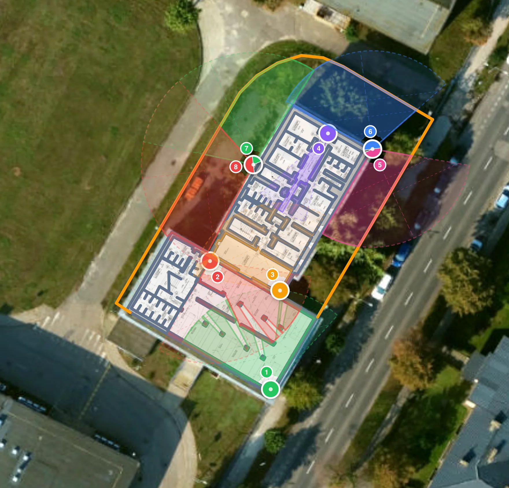 CCTVplanner designer showing cameras placed on a satellite map with visible field-of-view cones