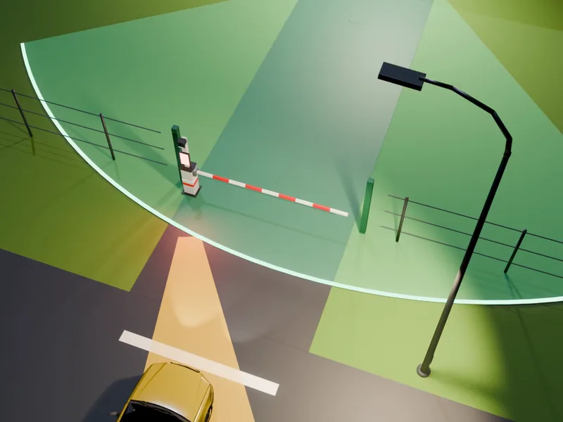Ilustrace shora: kamera na značky u závory míří podél jednoho pruhu na přijíždějící auto.