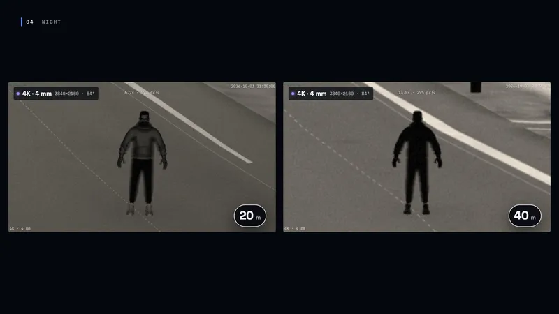 Noční obrazy z kamery 4K na 20 m a 40 m, osvětlené jejím infračerveným přisvětlovačem.