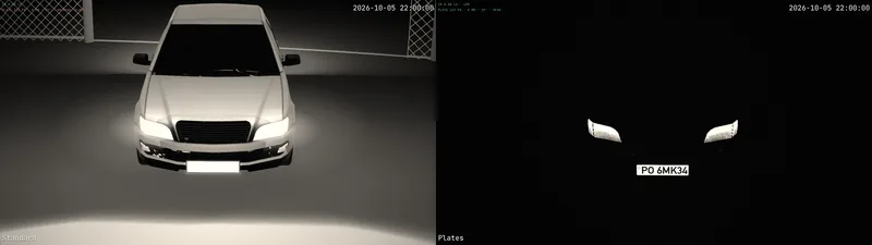 Twee camerabeelden van dezelfde auto in het donker met de koplampen aan: een gewone camera toont het kenteken als een witte vlek, een kentekencamera toont de koplampen en een leesbaar kenteken op zwart.