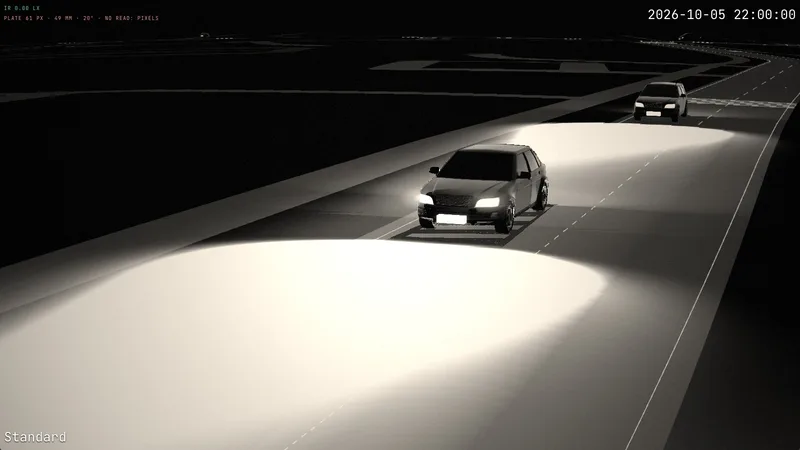 Nachtbeeld van een gewone camera aan een paal boven een straat: tegemoetkomende auto's waarvan het dimlicht de weg voor hen verlicht.