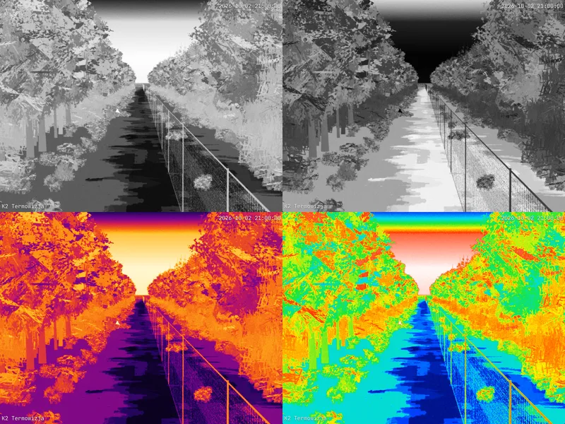 Stejná noční scéna podél hraničního plotu ve čtyřech termálních paletách: white-hot, black-hot, iron-red a rainbow.